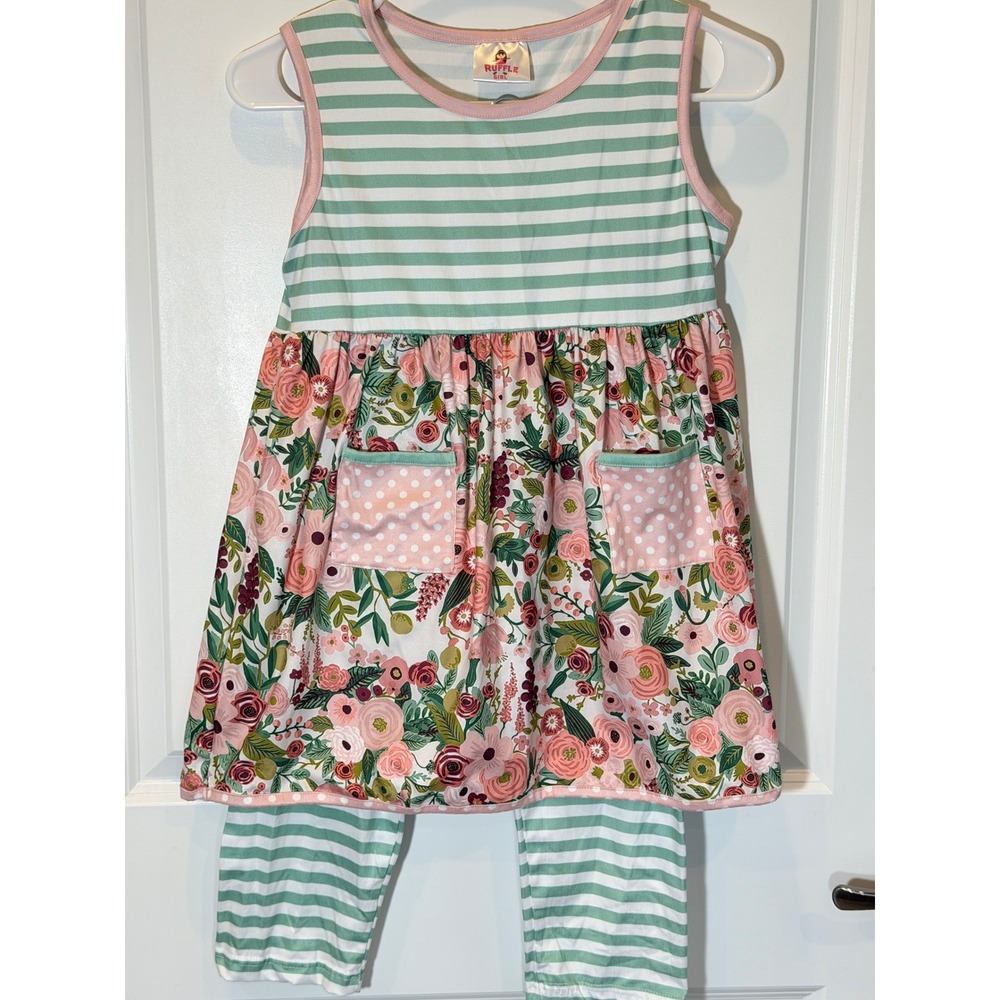 Ruffle Girl Kids Floral Striped Tunic Dress and Leggings Set Pink Mint 5XL